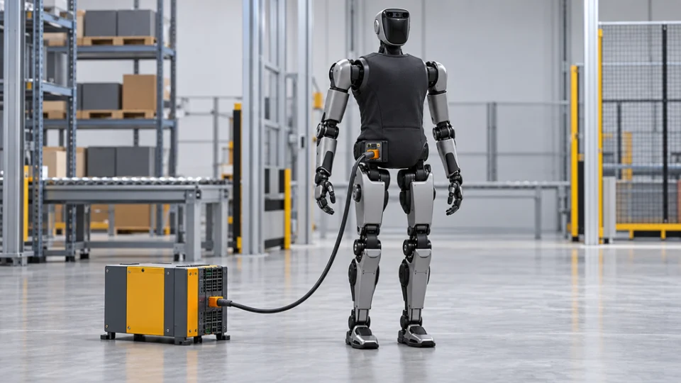 外部の安全コントローラーと接続する人型ロボットDigit 5のイメージ