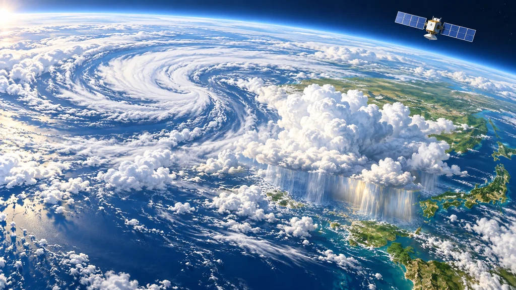 地球上空を流れる広域の雲と局地的な雨雲を、上空の観測衛星が見下ろす編集イラスト。大気の流れと衛星降水観測を組み合わせる気象AIの仕組みを表している。