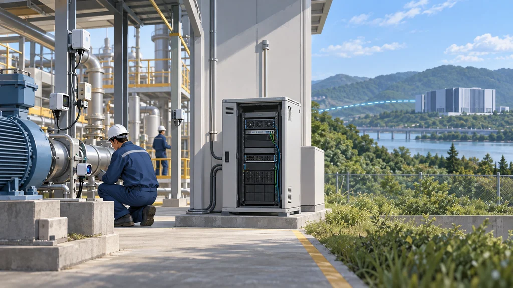 工場設備のデータを近接エッジサーバーで処理し、遠方のデータセンターへ接続する構成を描いたイラスト。