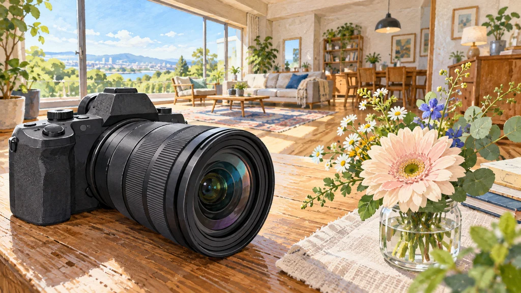 花瓶の花に近づけて置かれた汎用ミラーレスカメラと広角ズームレンズ。背景には明るい室内が広く見える。