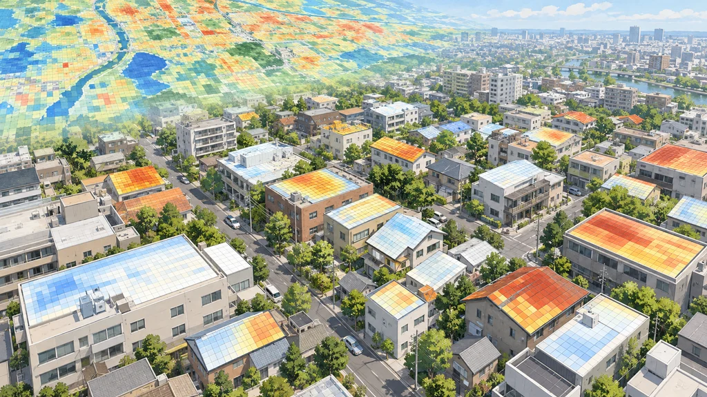 俯瞰した市街地の屋根に、反射率を示す細かな色の格子が重なり、建物ごとの屋根を比較できる様子を描いた編集イラスト。