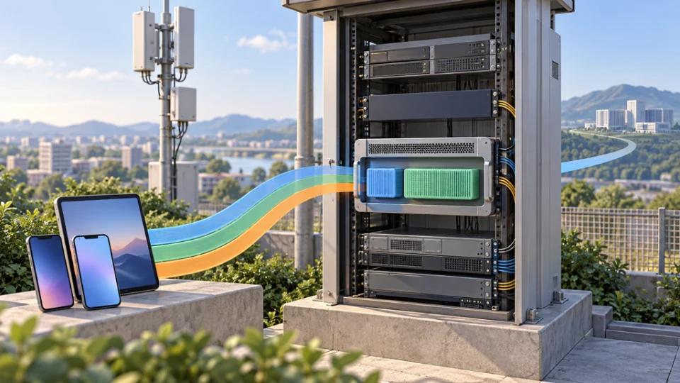 利用者の端末から近くの通信ラック内にある小型処理装置へ、短い経路でデータが届く様子を示すイラスト。装置内では制御機能とデータ処理機能を別々のブロックで表現している。