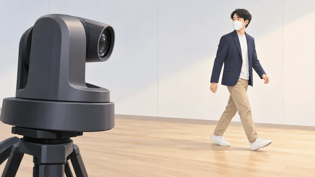 室内でマスク姿の人物を追う汎用の旋回型カメラ。前景のカメラレンズは人物側を向き、人物は歩きながら画面右へ移動している。