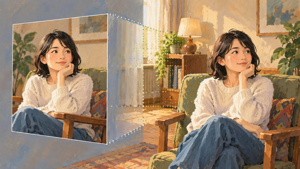 室内で座る人物の肖像が、元の正面視点と横へ移した仮想カメラの視点で描かれ、移動後に見える背景が補われている。人物や室内の表面には奥行き推定を示す点が配置されている。