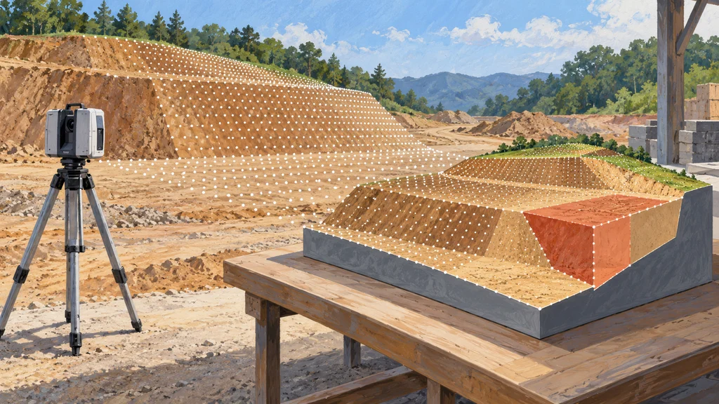 造成地を測量する三脚式スキャナーと、同じ地形を点群で表したモデル。モデルの一部は切り取られ、土量を形状で示している。