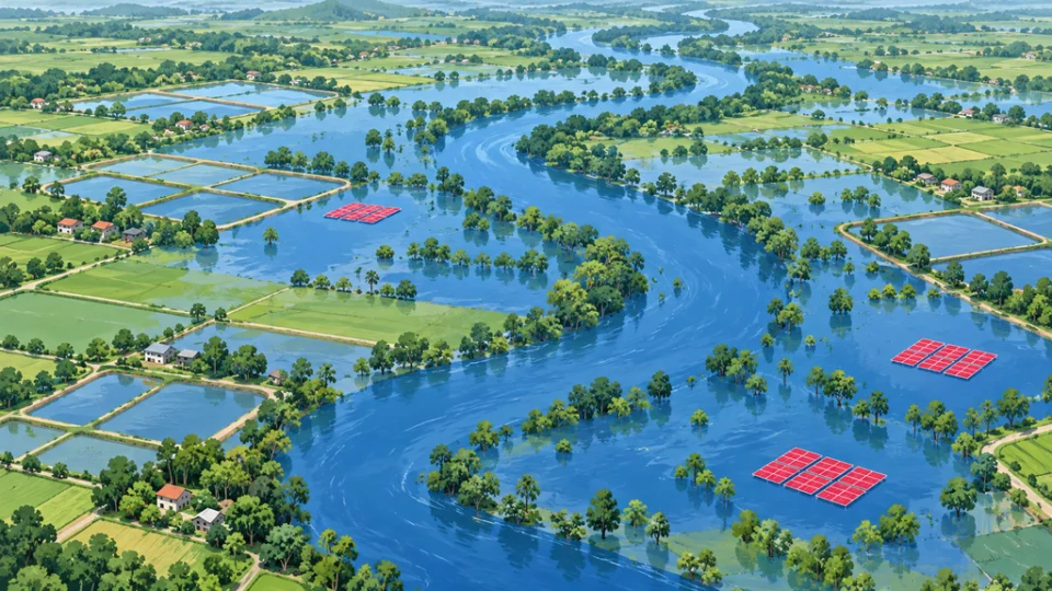 タイのバンパコン川が蛇行する農地の俯瞰イラスト。濃い青の洪水が川の両岸の緑地や養殖池に広がり、水上に赤い太陽光パネルが見える。