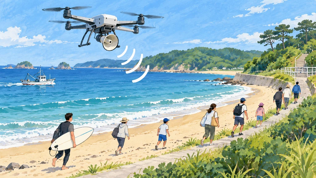 志摩市の津波避難訓練を描いた編集イラスト。海岸上空を飛ぶ拡声器付きドローンが音声を届け、サーフボードを持つ人や海岸利用者が海辺から内陸へ歩いている。沖には漁船が見える。