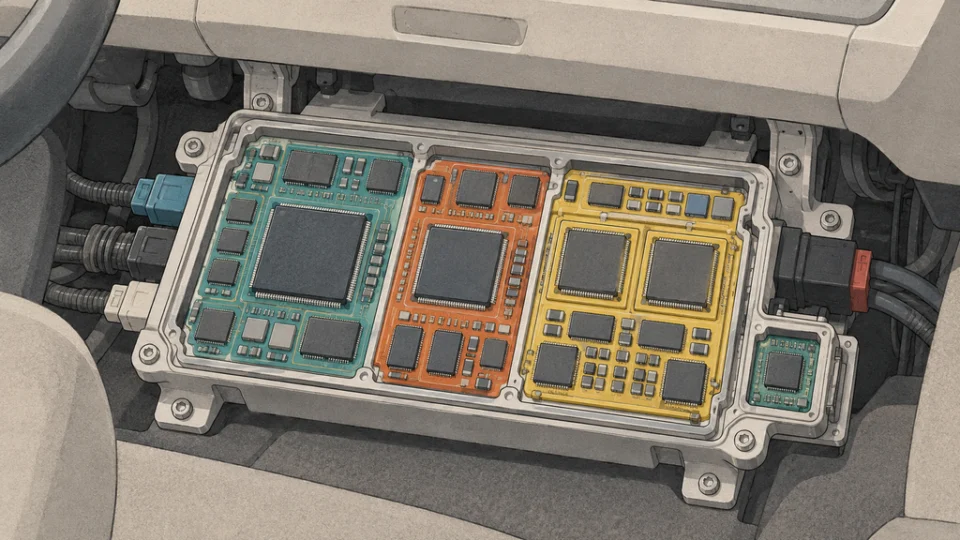 車内ダッシュボード下に収まる車載演算ユニットの編集イラスト。単一の半導体パッケージ内に色分けされた処理領域が並び、安全関連の冗長領域は独立したプロセッサや部品で示され、右側には拡張用の小型チップレットが描かれている。