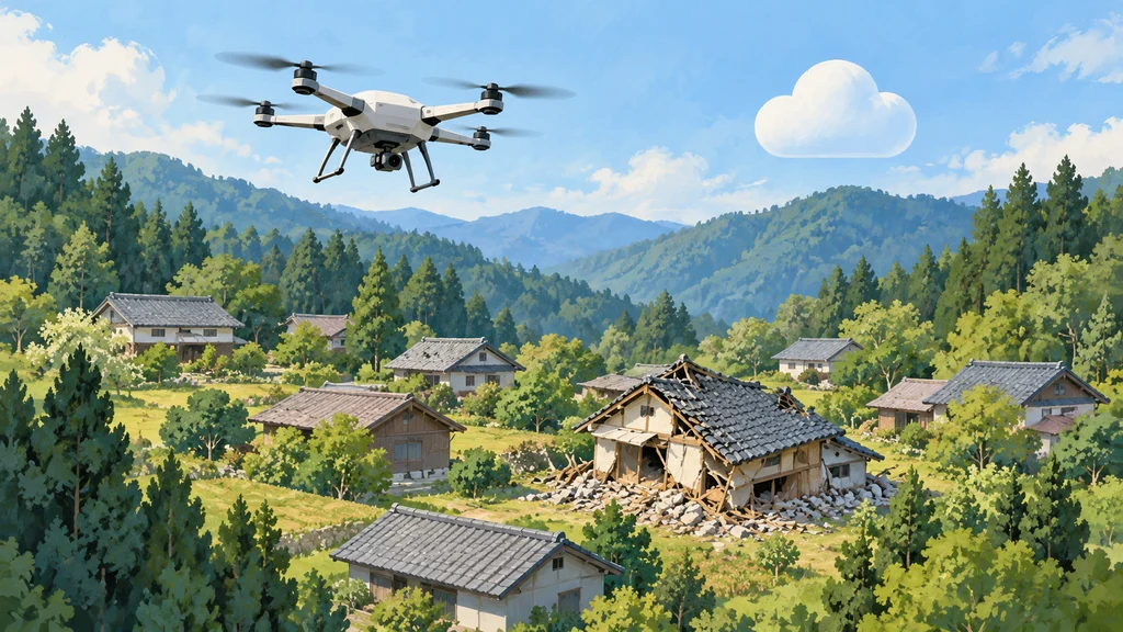 孤立した山あいの集落で、部分的に倒壊した家屋を調査する無印のドローン。空には被災情報のクラウド管理を表す雲の図案が添えられている。