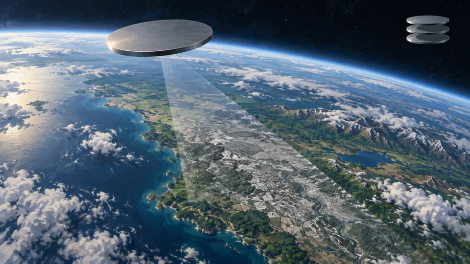 地球の上空に浮かぶ薄い円盤型衛星が、地表へSAR観測範囲を向けるイラスト。右上には円盤を積み重ねた形が描かれている。
