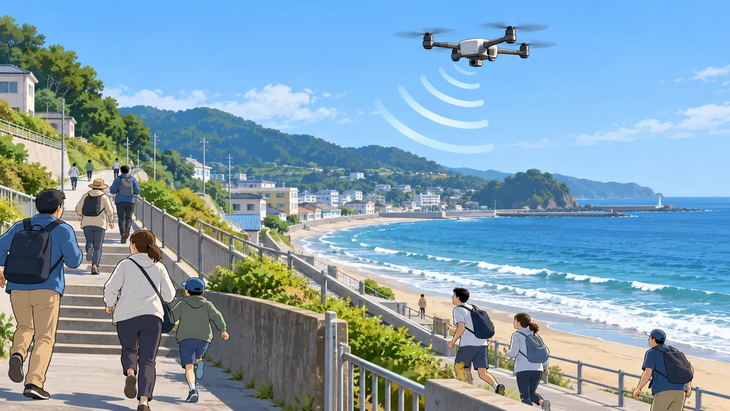 海岸沿いの避難路を内陸へ向かう住民の上空を、避難広報を示す波線とともに飛ぶドローン。背景に海と沿岸の町並みが描かれている。