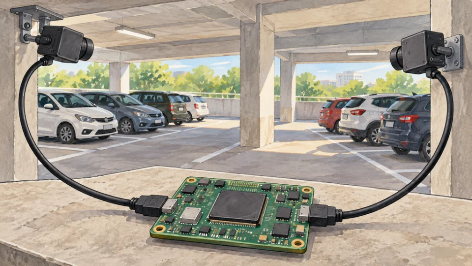 駐車場の異なる方向を向く2台のカメラが、ケーブルで1枚の小型MPU基板につながる様子を描いた編集イラスト。