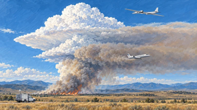 アイダホ州の草地火災から立ち上がる火災積乱雲の煙の中を飛ぶ観測機と、上空から観測する航空機、地上の観測車を描いた編集イラスト。