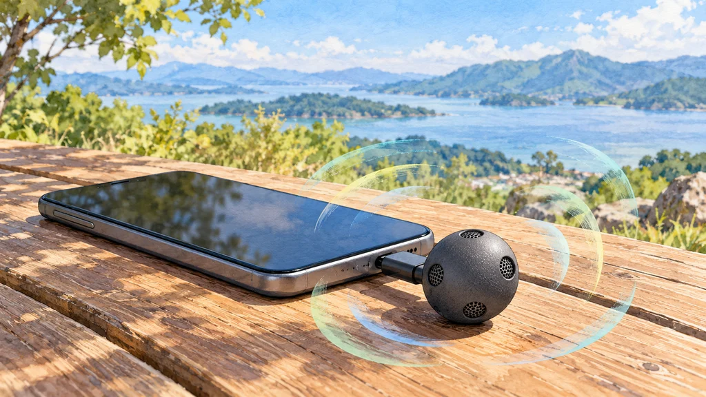 木製の台に置かれたスマートフォンのUSB-C端子に、4つのマイク孔を備えた球形マイクモジュールが接続され、周囲に音の広がりを示す淡い曲線が描かれたイラスト。