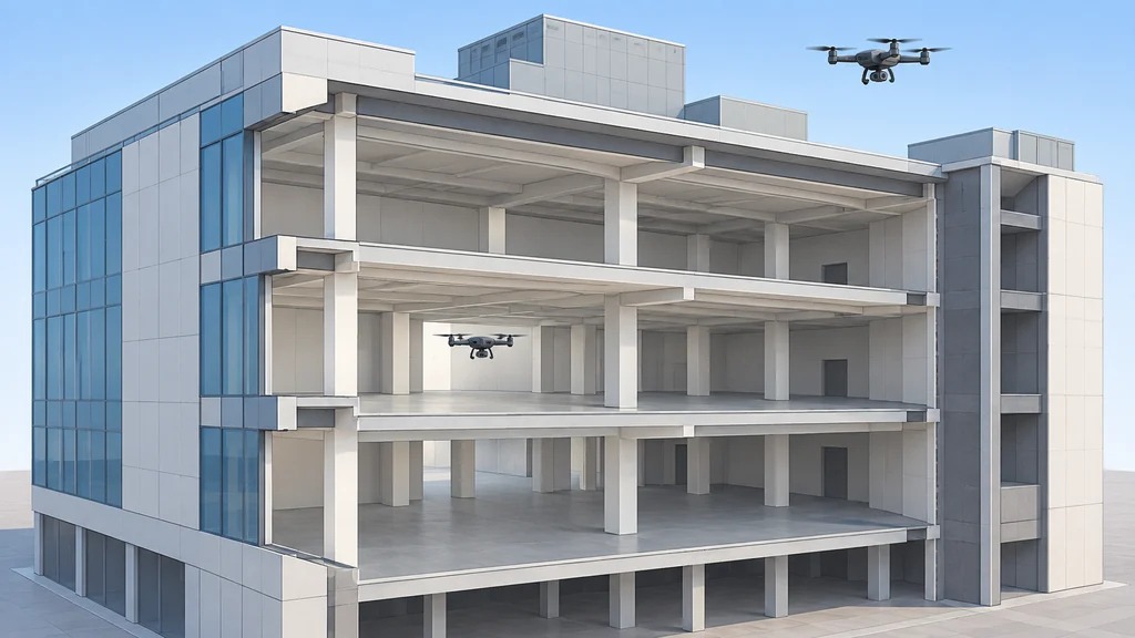 断面で内部を見せた大型商業施設の建屋内を点検用ドローンが飛び、別のドローンが屋根の上から全景を撮影する編集イラスト。