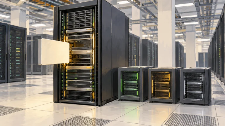 AI推論を担うデータセンターの計算ラックと、エージェントのツール実行に使う独立した実行環境を描いた編集イラスト。