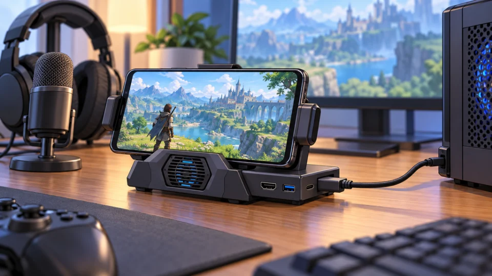 冷却ファンと複数の接続端子を備えたゲーム用機器に横向きのスマートフォンを取り付け、有線ケーブルで配信用パソコンにつないだ机上のイラスト。ヘッドセットとマイクも置かれている。