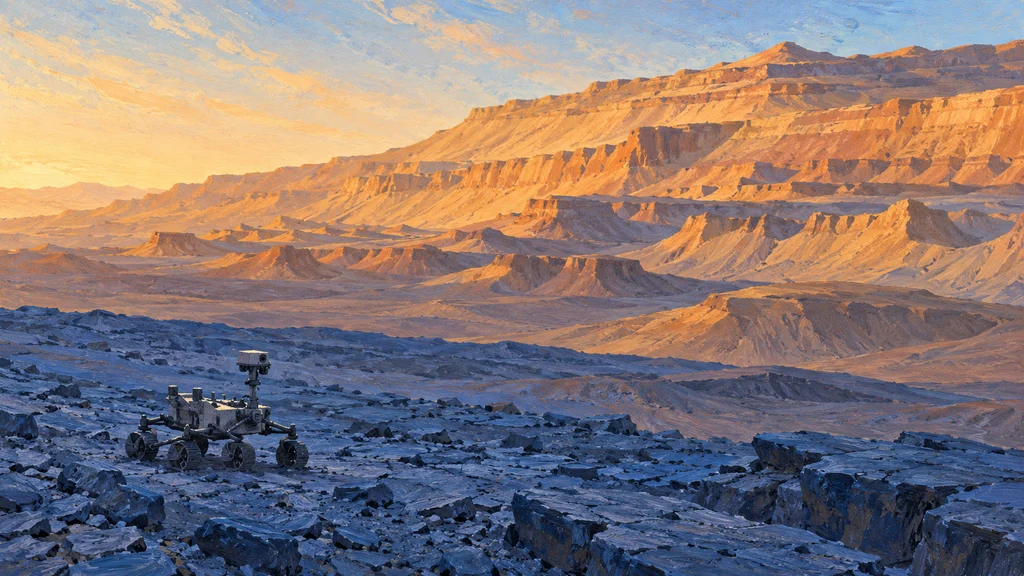 火星の青みを帯びた岩地に立つキュリオシティと、朝日に照らされたシャープ山の風食崖を描いた横長の編集イラスト。