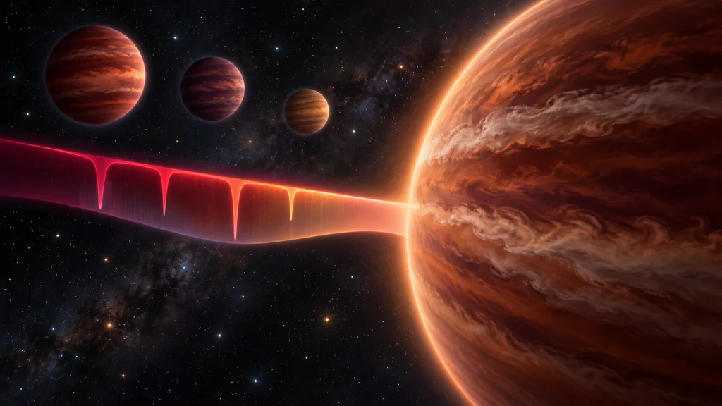 宇宙空間に浮かぶ褐色矮星の大気から伸びる赤外線スペクトルを描いたイラスト。スペクトルの吸収のくぼみと、遠景に並ぶ褐色矮星が観測と比較を表す。