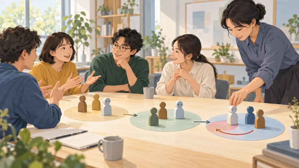明るい部屋で人々がテーブルを囲んで話し、研究者が参加者を表す駒を段階ごとの円形スペースに配置している。人とAIが加わる集団会話の構成や進行、人による介入を描いたイラスト。