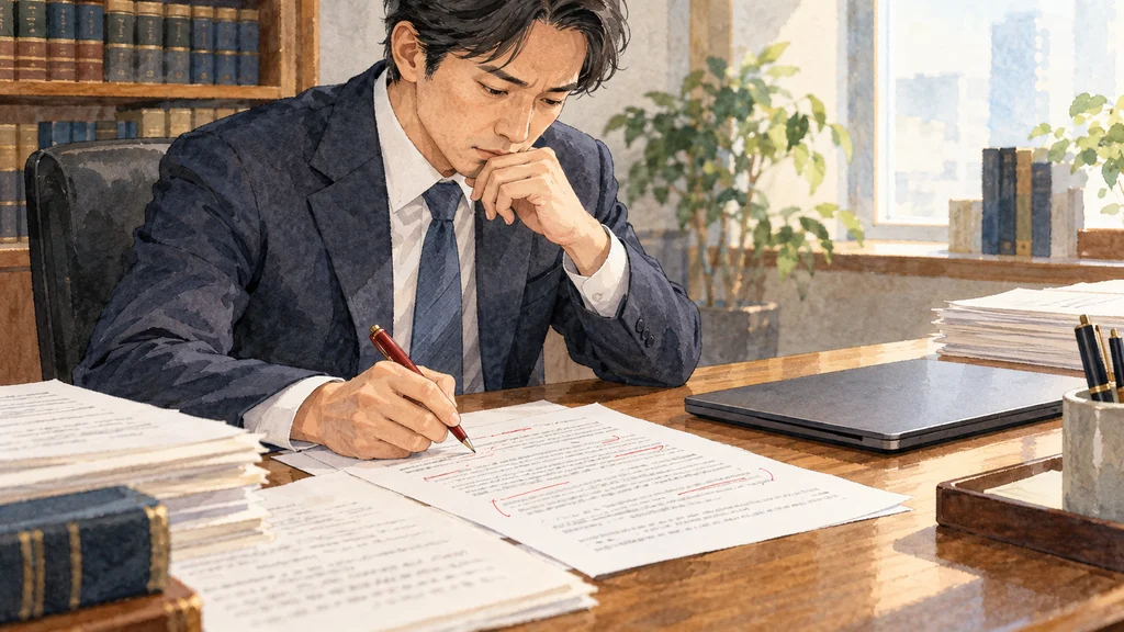 明るい法律事務所の机で、弁護士が閉じたノートパソコンの横に置いた特許草案をペンで修正している編集イラスト。