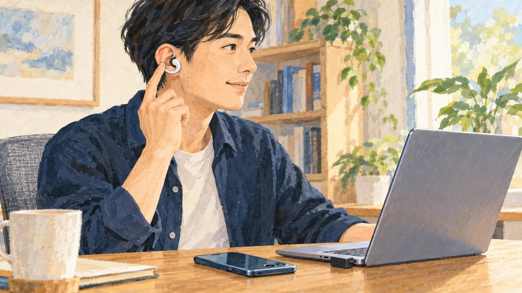 明るい机でノートPCにUSBトランシーバーを接続し、開放型のリング状イヤホンを着けた人物が右耳に指を添えている。手前にはスマートフォンが置かれている。