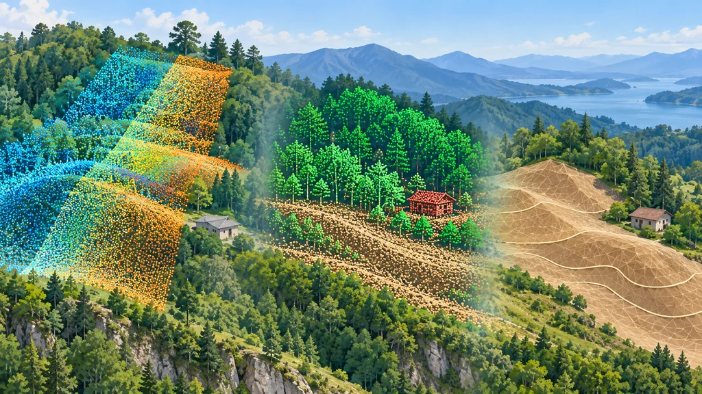 山林の斜面に重なる色分けされた測量点群から植生や構造物の点を分離し、地表面の三角形メッシュと等高線を作る処理の流れを描いたイラスト。