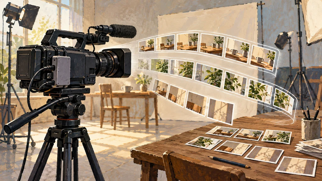 三脚に固定した業務用カムコーダーの側面に伝送端末が付き、撮影中の映像フレームが分割された列となって編集用の机へ届く様子を描いたイラスト。
