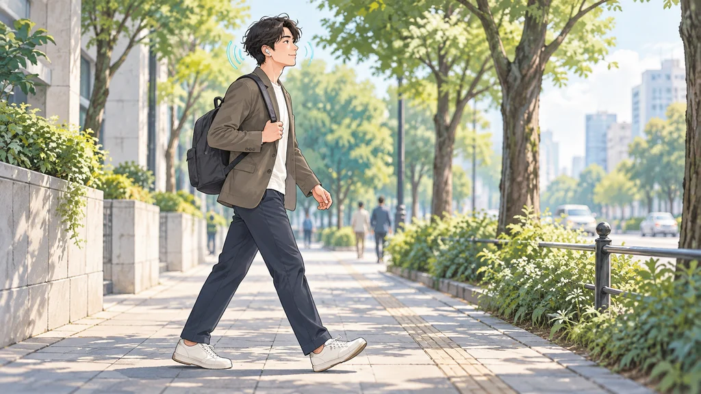 木陰の歩道で小型の無線イヤホンを着けた人が歩き始め、耳元に淡い音の弧が描かれている編集イラスト。