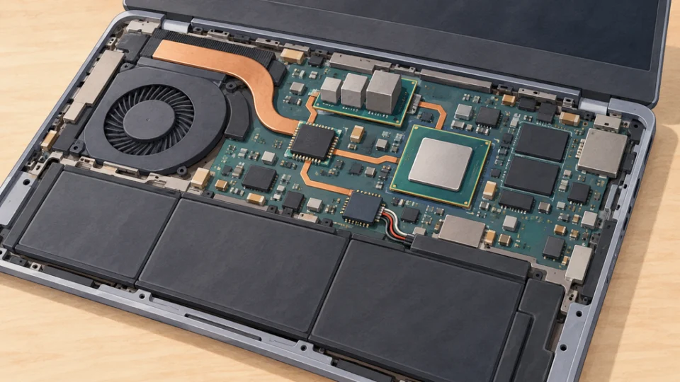 ノートPCの基板を斜め上から見た編集イラスト。基板上の電源部品がプロセッサーへつながり、手前にはバッテリーが配置されている。
