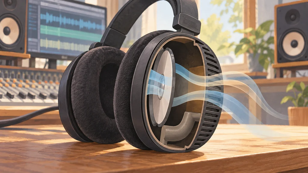 音響制作卓を背景に、背面を開放したモニターヘッドホンのカップ内部と、ドライバー前後をつなぐ開口部を描いた編集イラスト。