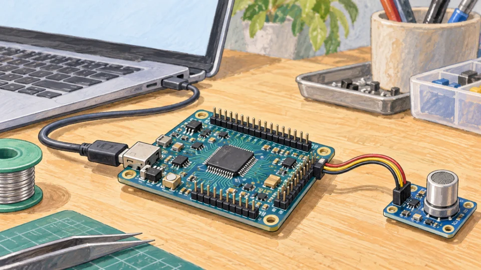 明るい作業台の上で、無印のマイコンを載せた試作用ボードがノートPCと小型アナログセンサにつながれている手描き風イラスト。