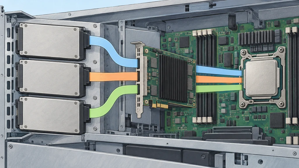 サーバー内部で、3台の2.5インチSSDがRAIDカードを介し、CPUへ個別の経路でつながる様子を描いたイラスト。
