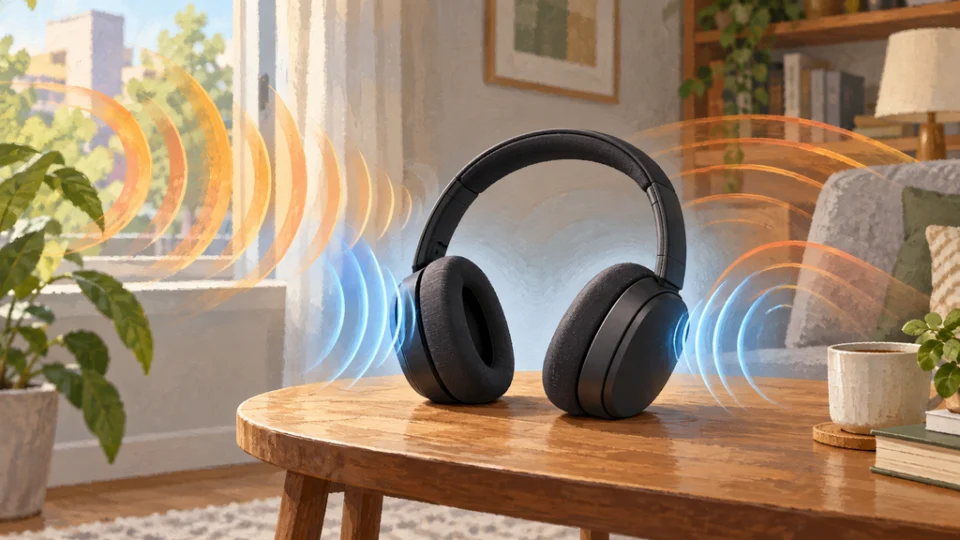 木のテーブルに置かれた無地のオーバーイヤーヘッドホンの左右から橙色の音波が近づき、イヤーカップの周囲で青い波と重なって弱まる様子を描いた室内の編集イラスト。