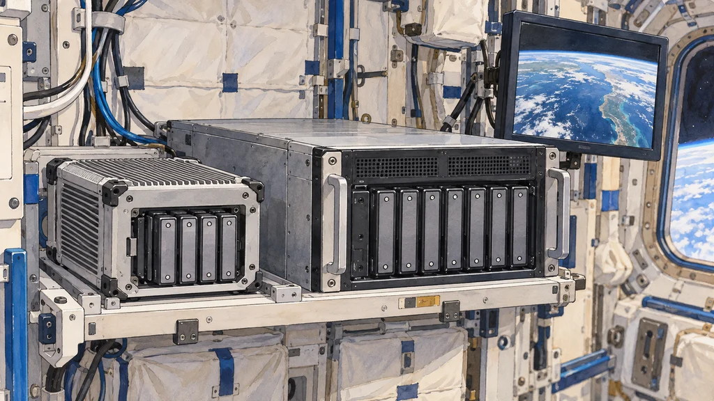 ISS内の機器ラックに、小型のエッジ計算システムと大型サーバーが並び、どちらにも汎用的なSSDモジュールが組み込まれている様子を描いた編集イラスト。近くの画面には地球の画像が表示されている。