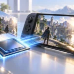 Xe3 GPUを示すプロセッサと携帯ゲーム機の画面を結び、レイトレーシングと複数フレーム生成を表現したイラスト