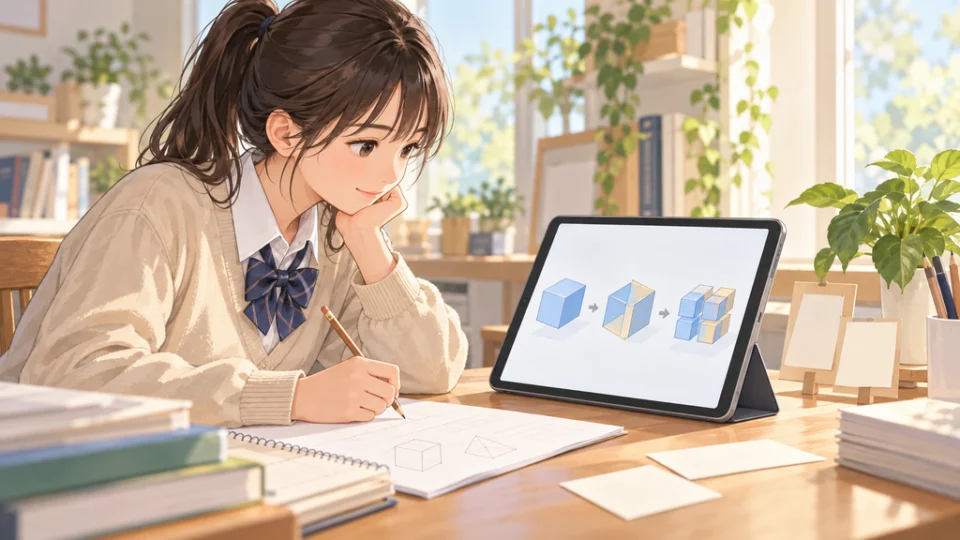 明るい自宅の机で、タブレット上の段階的な幾何学図を見ながら学ぶ高校生。
