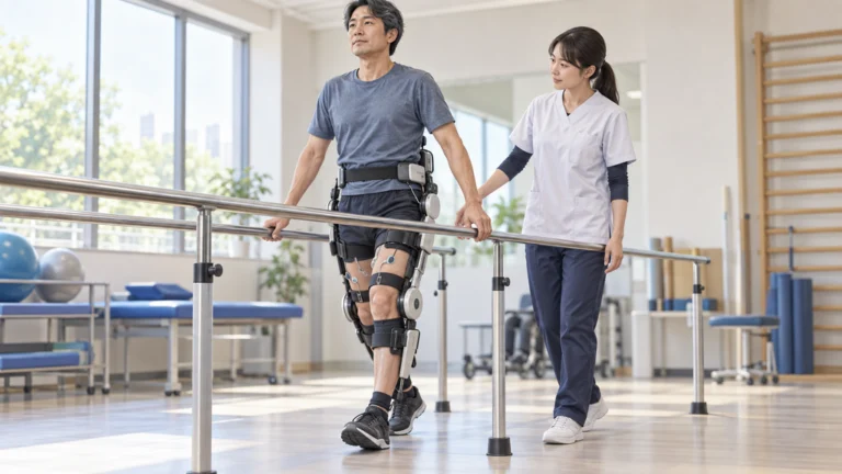 歩行訓練中の人が下肢用外骨格を装着し、療法士がそばで見守る様子。