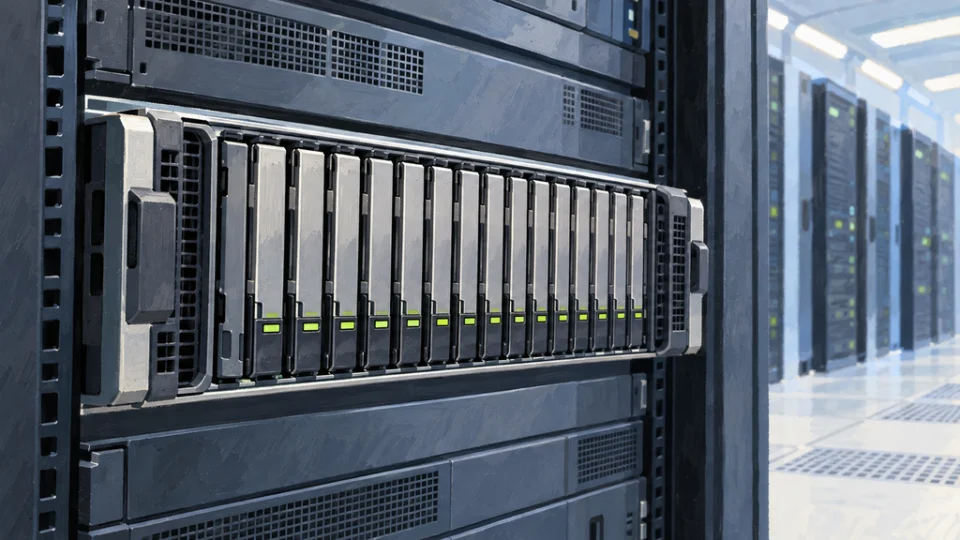 データセンターのラックに収められたサーバーのドライブベイへ、複数の細長いSSDモジュールが並んで搭載されている様子を描いたイラスト。