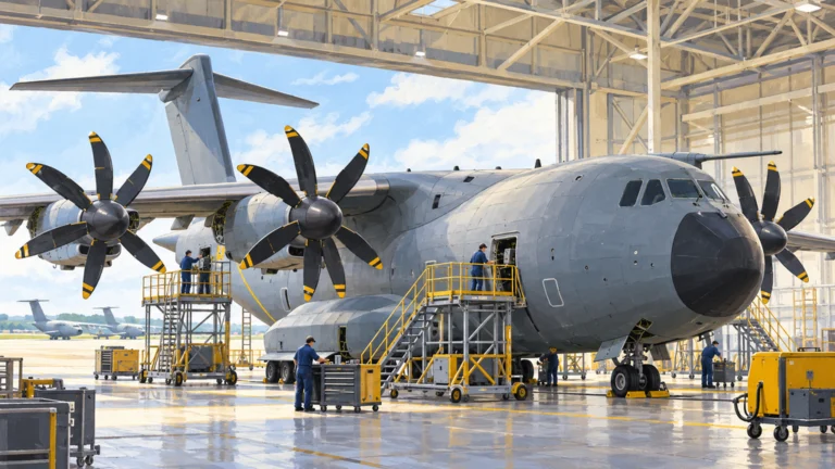 明るい格納庫で整備用足場を使い、作業員が整備するA400M Atlas輸送機。継続的な整備支援を描いた編集イラスト。