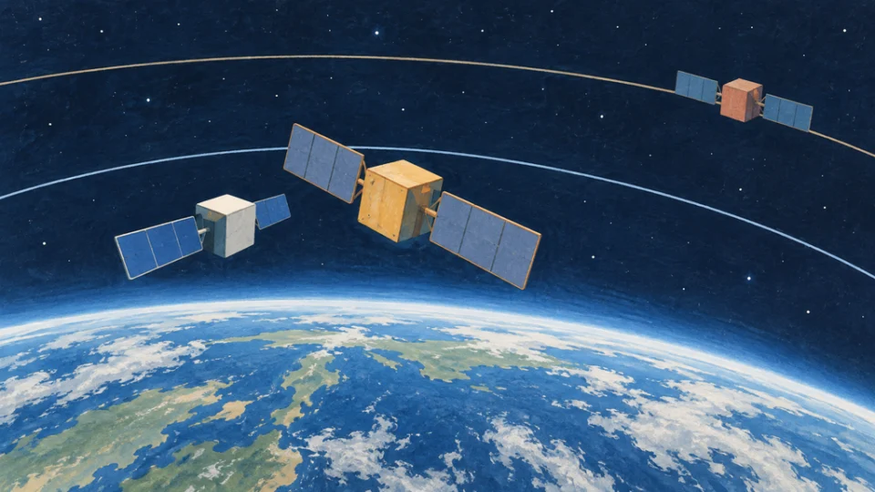 地球の上空で、検査衛星が退役した地球観測衛星に触れずに近距離観察し、別の軌道上にある2機目の衛星が遠方に見える編集イラスト。