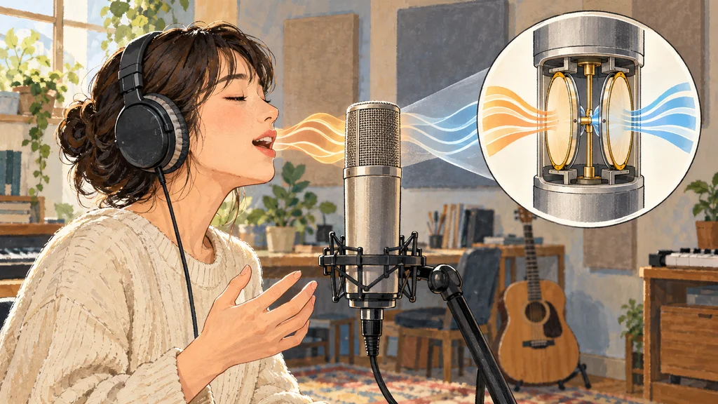 自宅録音の場面で、歌い手がコンデンサーマイクに近づいて歌う様子と、カプセル内部の前後二枚の振動膜を示す模式的な拡大図。