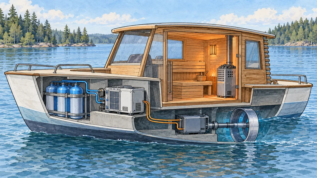 湖上の小型船を断面で描き、船内の木製サウナと水素燃焼式ヒーター、燃料電池と水素カートリッジから船底のリング状電動推進器へつながる構成を示す編集イラスト。