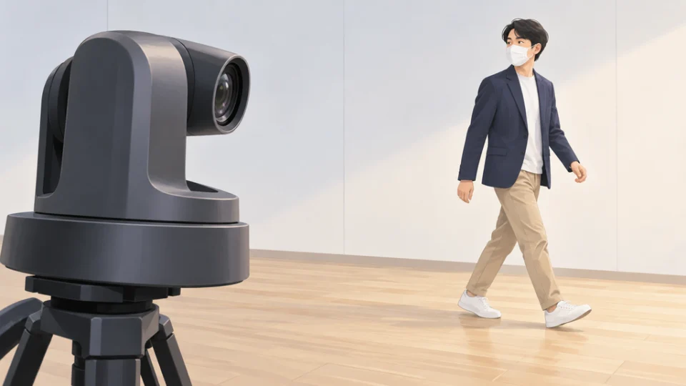 室内でマスク姿の人物を追う汎用の旋回型カメラ。前景のカメラレンズは人物側を向き、人物は歩きながら画面右へ移動している。