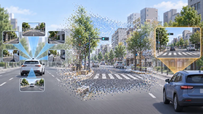 6台のカメラ映像から再構成した走行シーンを、別車両のカメラ視点で描画する概念図