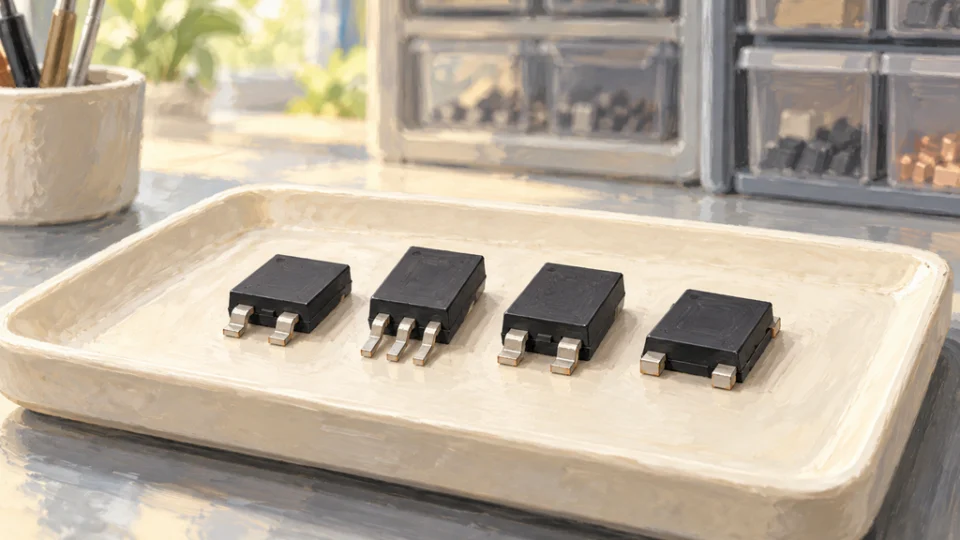 100V GaN電源トランジスタ4製品を表す汎用パッケージを、基板なしで並べた編集イラスト