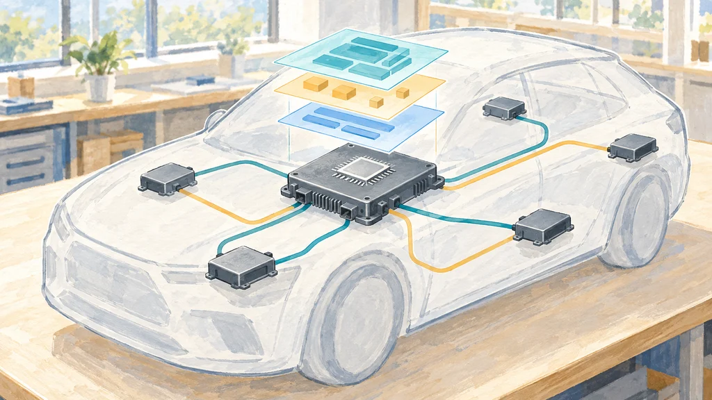 明るい作業台の上に描かれた半透明の車体模式図。中央のメインECUと、車体各所に配置した複数のゾーンECUが配線で結ばれ、その上にOS・ミドルウェア・車両制御ソフトウェアを表す層が重なる。
