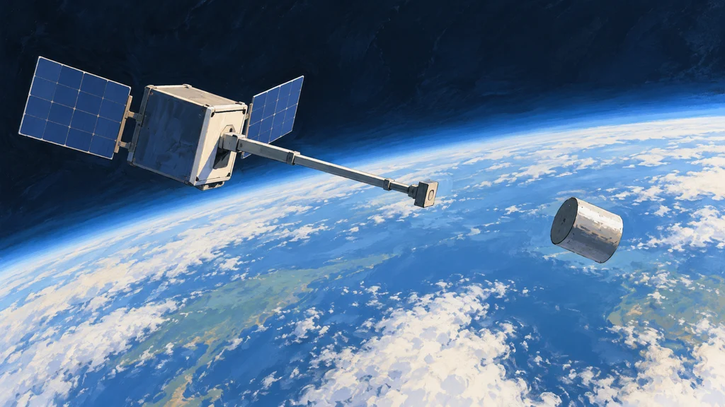地球を背景に、超小型衛星が軌道上の仮想デブリへ接近し、捕獲機構を対象に触れない距離まで伸ばしている編集イラスト。