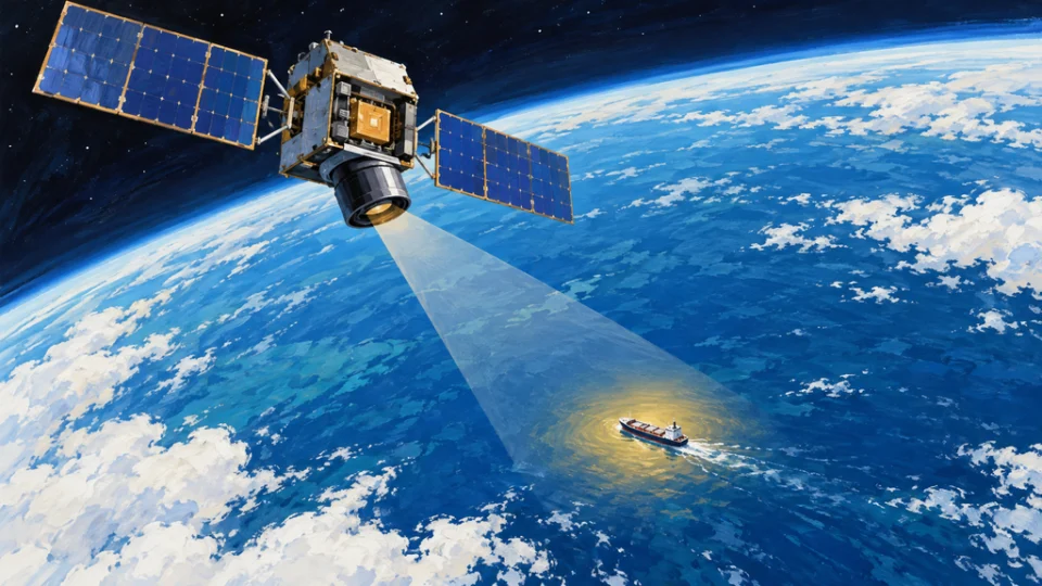 海上の船舶にカメラを向ける地球観測衛星。衛星本体には汎用的な処理装置が描かれ、船の周囲を淡い琥珀色の光で示して軌道上でのAI検出を表している。