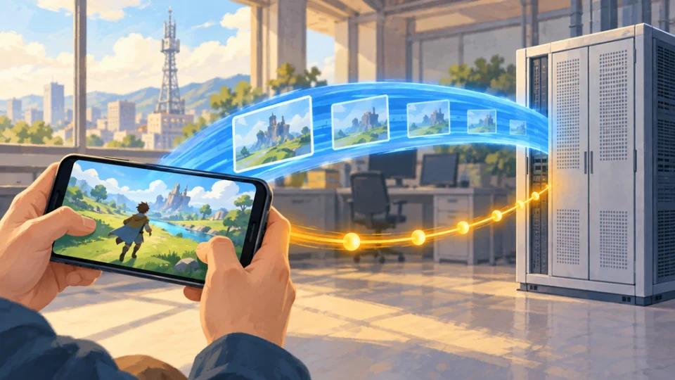スマートフォン上のゲーム映像を示す青いフレーム列と、操作信号を示す琥珀色のパルスが、別々の経路で5Gコア装置につながるイラスト。